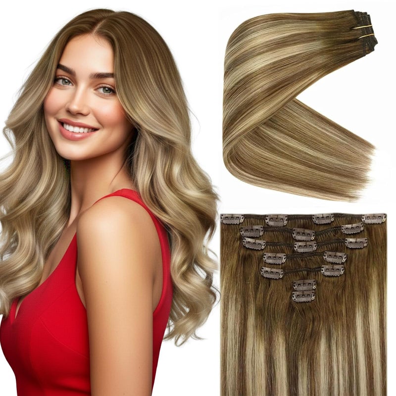 Ve Sunny Hair Clip in Extensions Real Human Hair Balayage Chestnut Brown Mix Platinum Blonde Ombre Remy Human Hair Extensions Clip ins for Women Full Head Set 18 inch 120g 7pcs - Image 1
